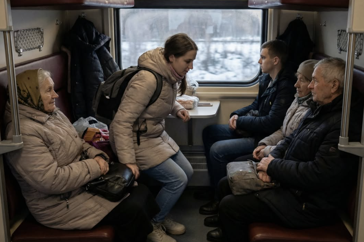 Вагон заповнювався пасажирами. Іра пройшла до свого купе. Там уже сиділи бабуся зі стареньким і молодий чоловік. Іра присіла на нижню полицю поруч зі старенькою. — Вам далеко їхати? — поцікавилася бабуся в Іри. — До кінцевої. — Ми виходимо раніше, — сказала бабуся. — Але ніч будемо разом. Ми з дідом обоє хропемо, тож не ображайтеся на нас, молоді люди. Вам нагорі, може, не так буде чутно. — Та що Ви, в поїзді не дуже чутно під стукіт коліс, — Іра помітила, як молодий чоловік уважно подивився на неї і посміхнувся. — Це Ваші батьки? — пошепки запитала Іра. — Ні, не мої. Я їду один, сам по собі. Мене Олег звати.